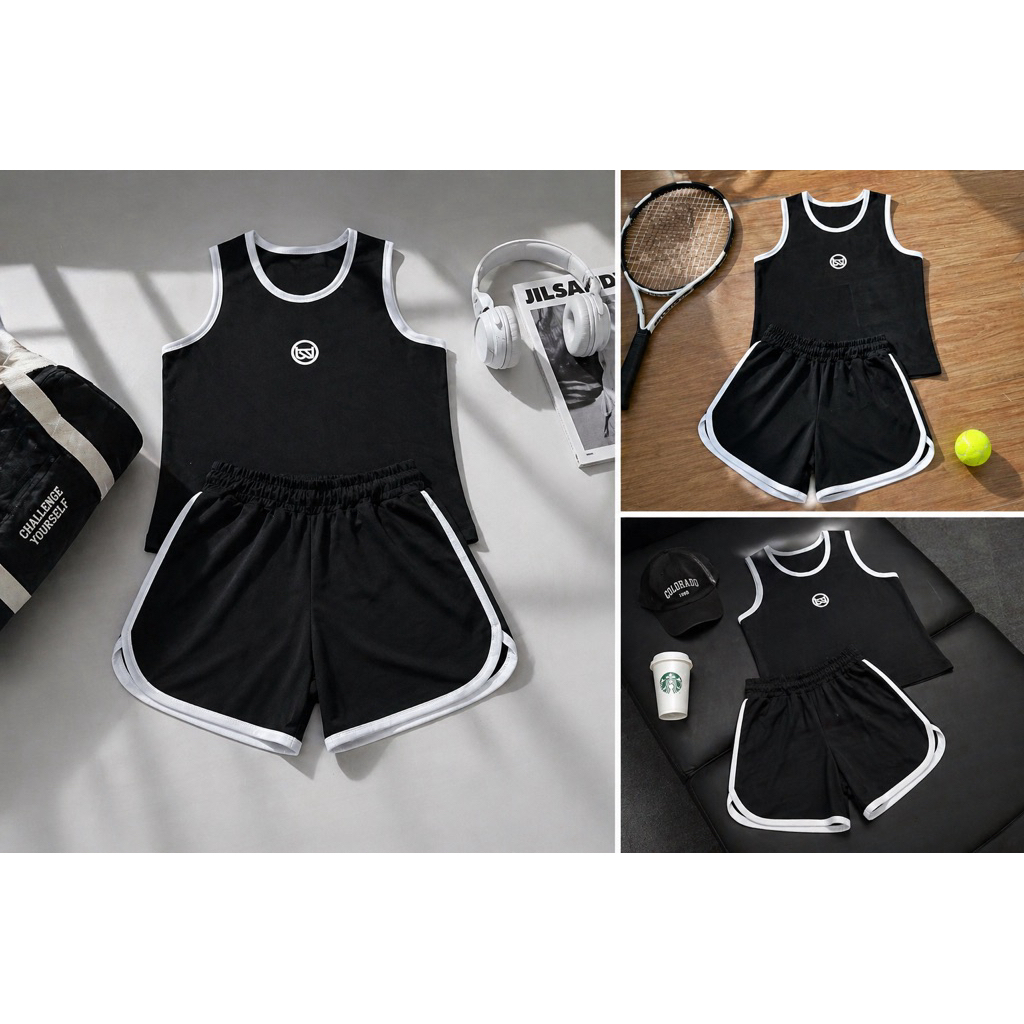 Set Đồ Thể Thao Nữ 2 Món Áo Tanktop + Quần Short Viền Trắng Co Giãn, Mặc Tập Gym Yoga Chạy Bộ