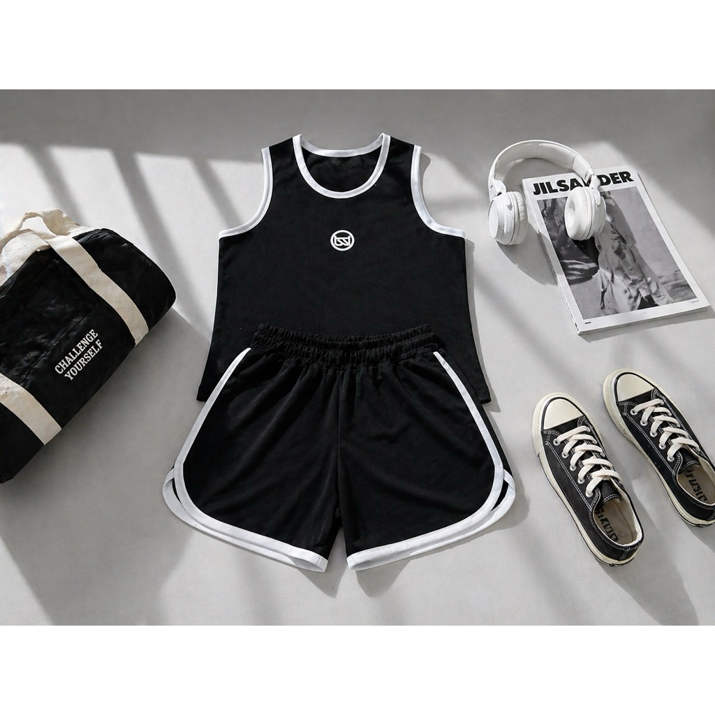 Set Đồ Thể Thao Nữ 2 Món Áo Tanktop + Quần Short Viền Trắng Co Giãn, Mặc Tập Gym Yoga Chạy Bộ