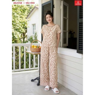 6BLD01, 6BLD02 Bộ đồ mặc nhà nữ CARDINA chất liệu lanh tay cộc cổ tròn phối viền và quần dài 6BLD01
