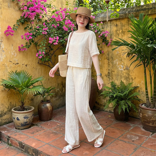 Bộ nữ HELEN, Set bộ nữ áo tay lỡ, quần dáng suông lưng thun, chất vải đũi xước Nhật cao cấp, mặc thoáng mát