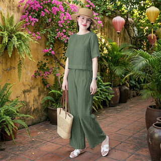 Bộ nữ HELEN, Set bộ nữ áo tay lỡ, quần dáng suông lưng thun, chất vải đũi xước Nhật cao cấp, mặc thoáng mát