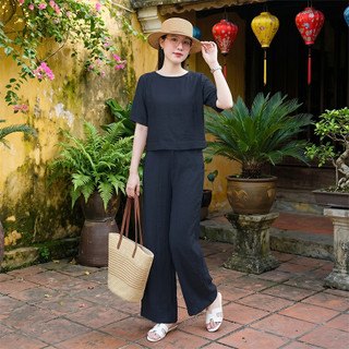 Bộ nữ HELEN, Set bộ nữ áo tay lỡ, quần dáng suông lưng thun, chất vải đũi xước Nhật cao cấp, mặc thoáng mát