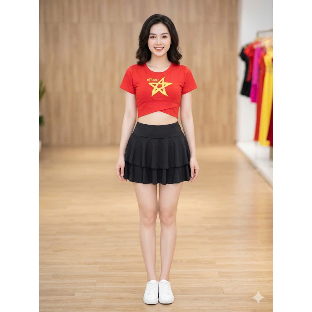 Bộ thể thao nữ chân váy xòe áo việt nam dung tập Aerobic, Dân Vũ, Zumba Dáng Croptop, Bra, Vải Thun