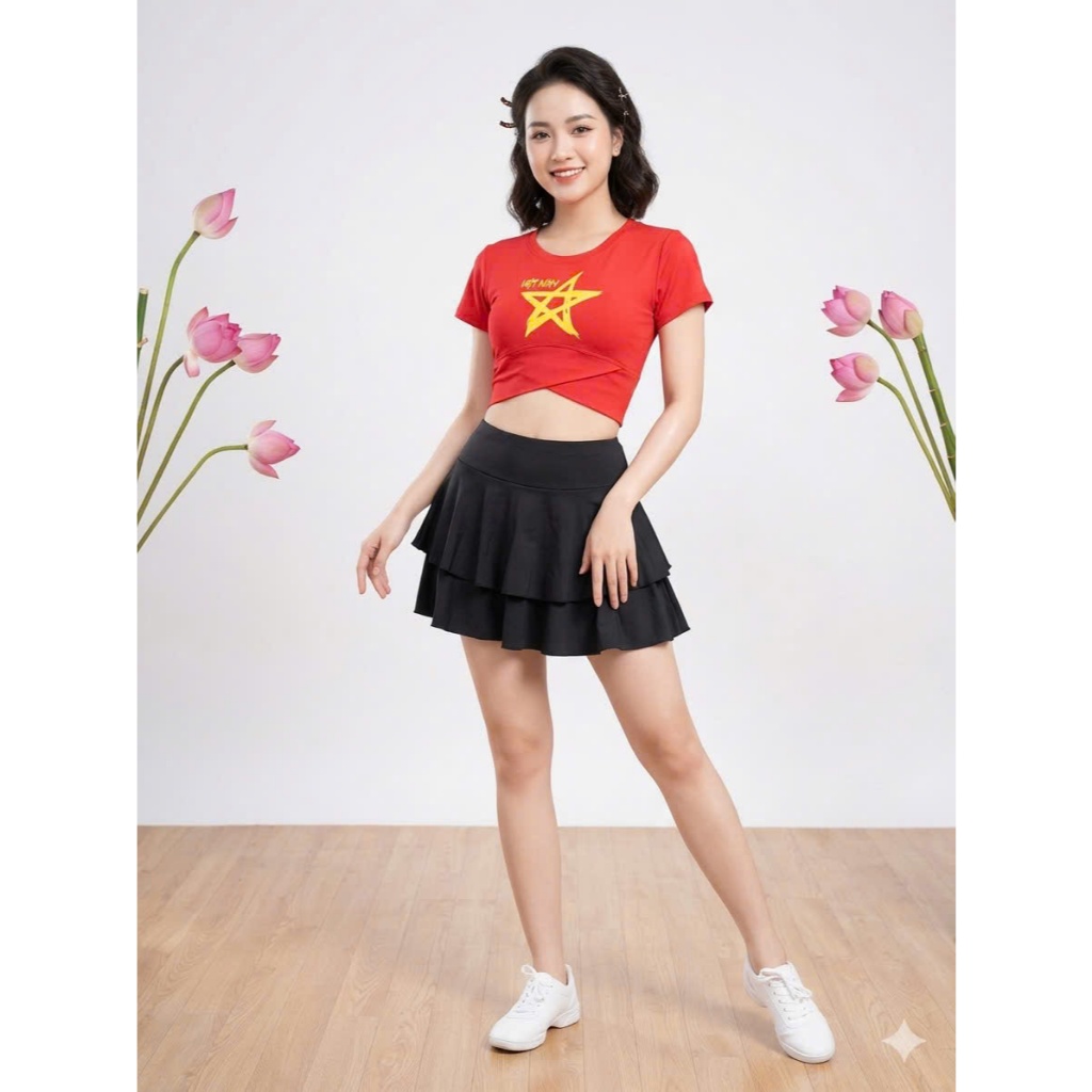 Bộ thể thao nữ chân váy xòe áo việt nam dung tập Aerobic, Dân Vũ, Zumba Dáng Croptop, Bra, Vải Thun