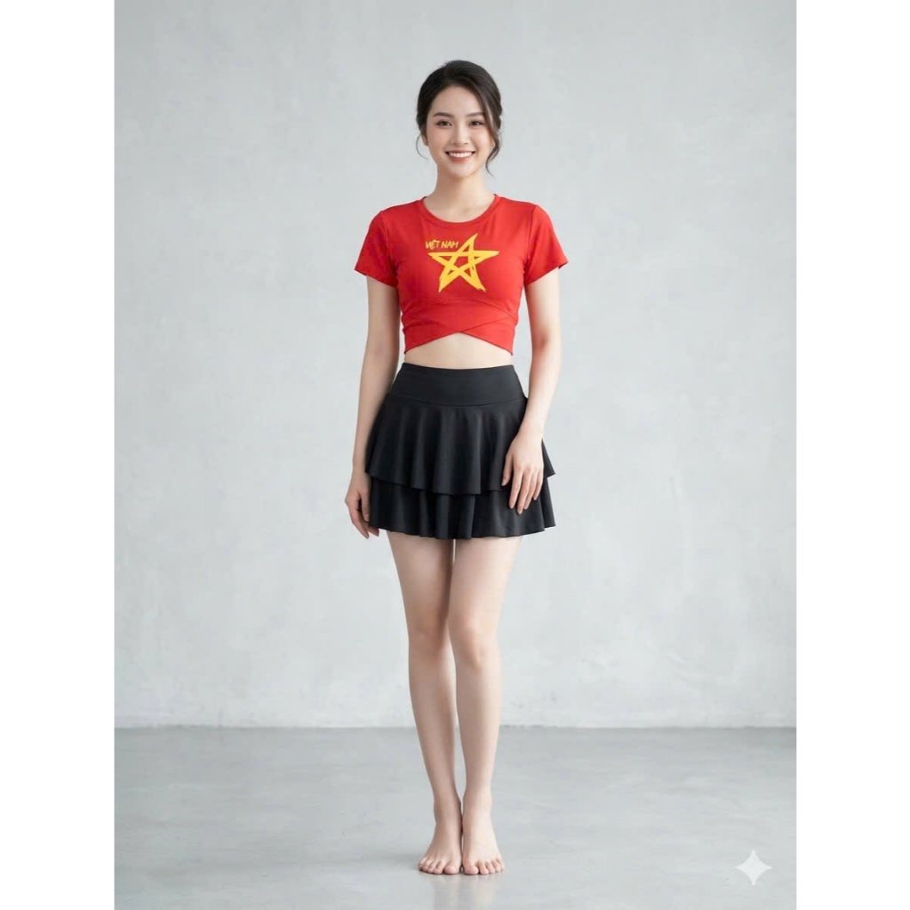 Bộ thể thao nữ chân váy xòe áo việt nam dung tập Aerobic, Dân Vũ, Zumba Dáng Croptop, Bra, Vải Thun