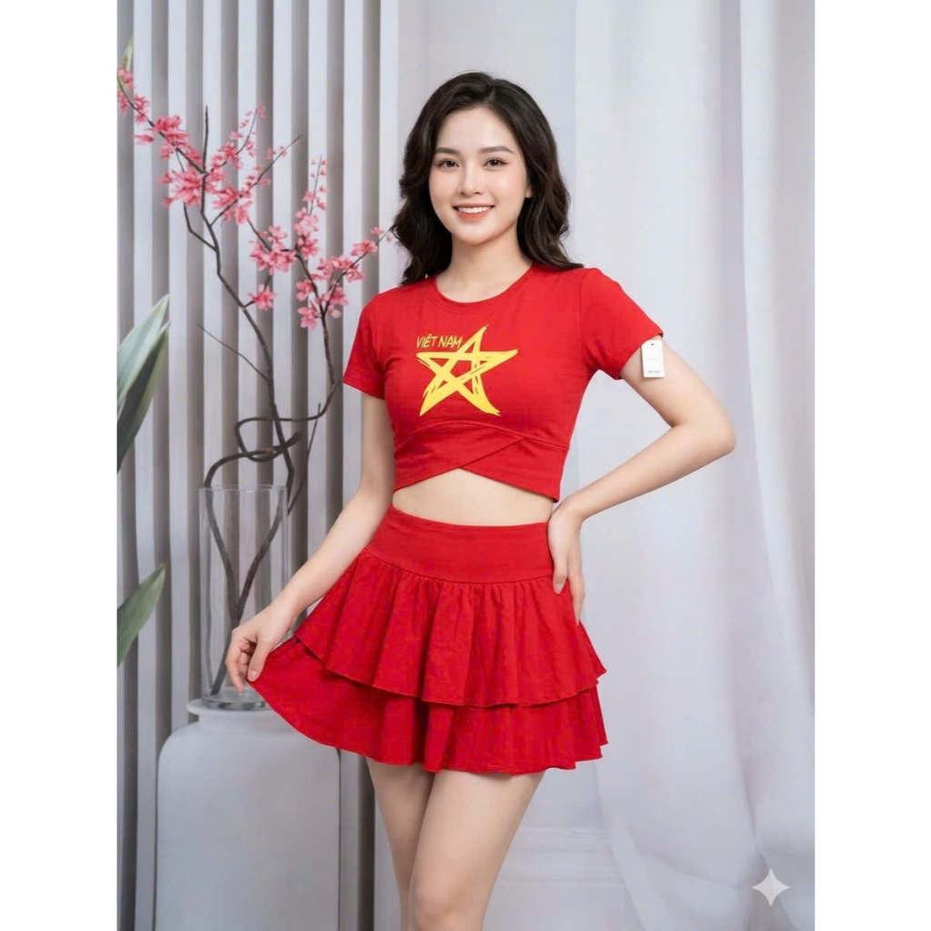 Bộ thể thao nữ chân váy xòe áo việt nam dung tập Aerobic, Dân Vũ, Zumba Dáng Croptop, Bra, Vải Thun