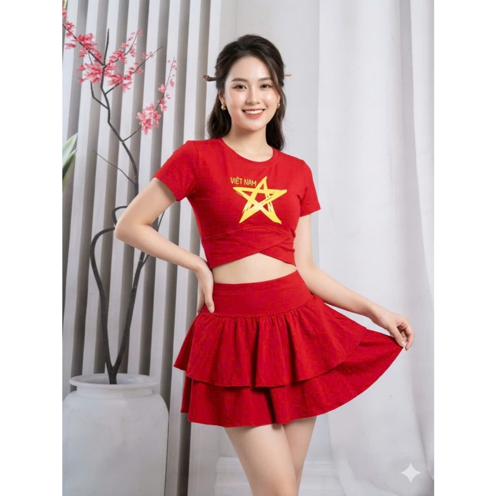 Bộ thể thao nữ chân váy xòe áo việt nam dung tập Aerobic, Dân Vũ, Zumba Dáng Croptop, Bra, Vải Thun