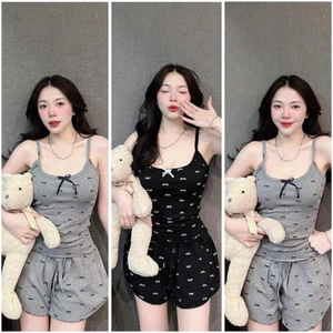 Sét Bộ Đồ Ngủ Nữ Áo 2 Dây Hoạ Tiết Nơ Nhí In Kín Ôm Body Co Giãn Hót