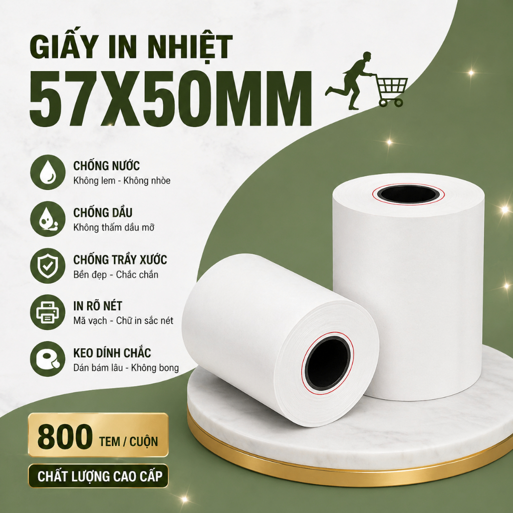 Giấy in nhiệt 57x50mm  In rõ nét | Không kẹt giấy | Đủ mét |Giấy in hóa đơn POS cho nhà hàng, cà phê, siêu thị, tạp hoá