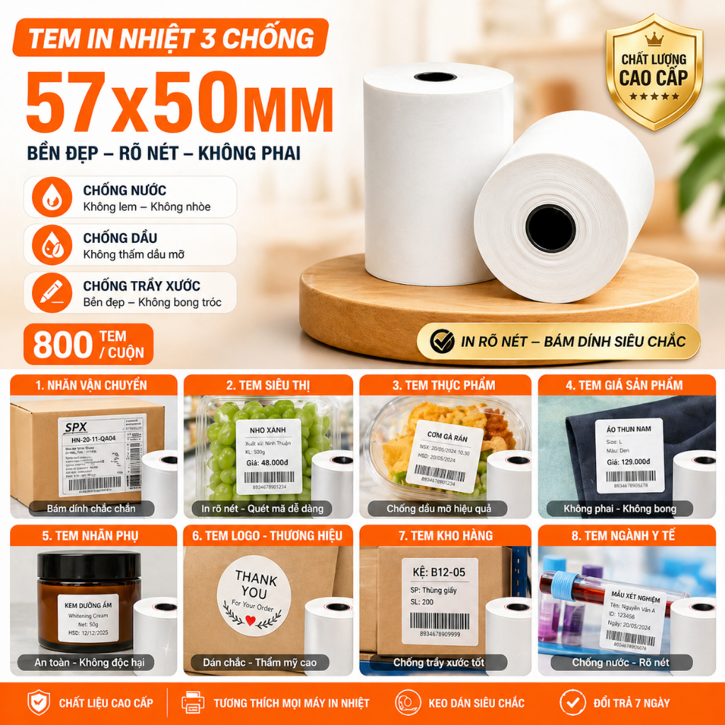Giấy in nhiệt 57x50mm  In rõ nét | Không kẹt giấy | Đủ mét |Giấy in hóa đơn POS cho nhà hàng, cà phê, siêu thị, tạp hoá