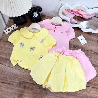Set Váy Bé Gái Cộc Tay Cổ Sen Thêu Cún Đáng Yêu Cho Bé Đi Học Đi Chơi - MH17