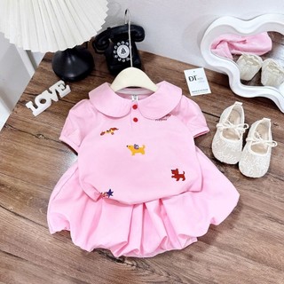 Set Váy Bé Gái Cộc Tay Cổ Sen Thêu Cún Đáng Yêu Cho Bé Đi Học Đi Chơi - MH17