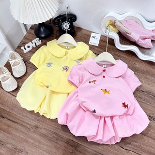 Set Váy Bé Gái Cộc Tay Cổ Sen Thêu Cún Đáng Yêu Cho Bé Đi Học Đi Chơi - MH17