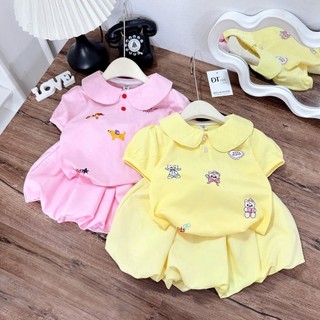 Set Váy Bé Gái Cộc Tay Cổ Sen Thêu Cún Đáng Yêu Cho Bé Đi Học Đi Chơi - MH17