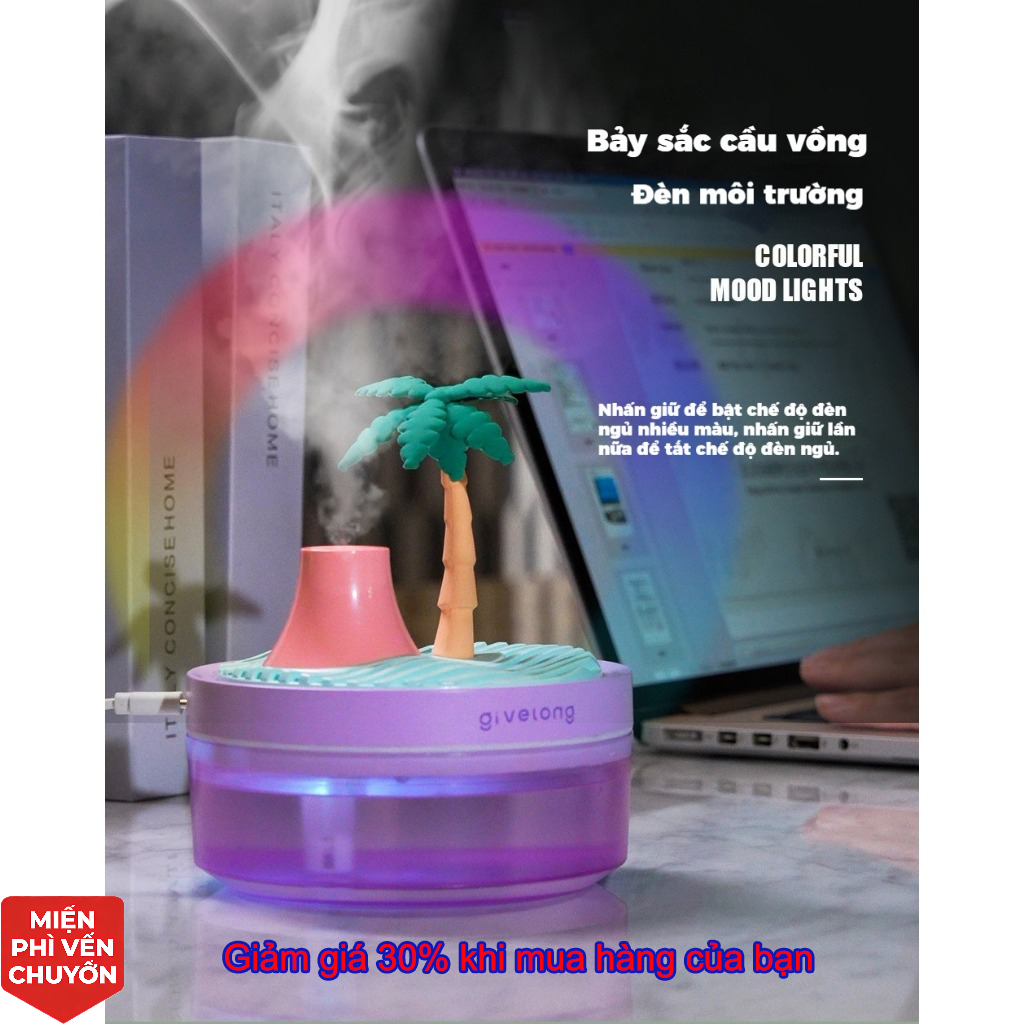 Máy Phun Sương Tạo Ẩm Mini USB｜Đèn Ngủ LED 7 Màu｜Xương Rồng, Hoa Anh Đào｜Decor Phòng Ngủ