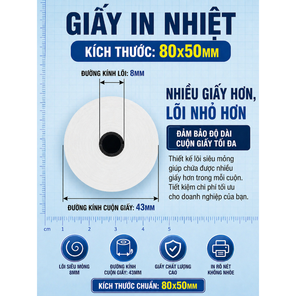 Giấy in nhiệt 80x50mm In rõ nét | Không kẹt giấy | Đủ mét |Giấy in hóa đơn POS cho nhà hàng, cà phê, siêu thị, tạp hoá
