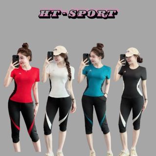 Bộ thể thao HT05 tập gym, yoga aerobic áo cộc tay quần lửng chất thun lạnh mẫu mới