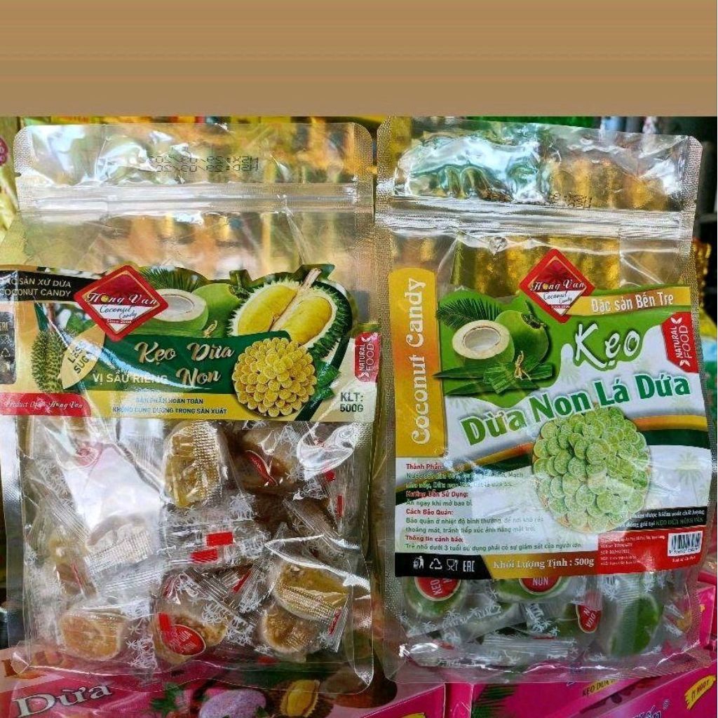 Combo 2 túi kẹo dừa non Hồng Vân ( 1 kẹo dừa non lá dứa 500g & 1 kẹo dừa non sầu riêng 500g ) - đặc sản Bến Tre