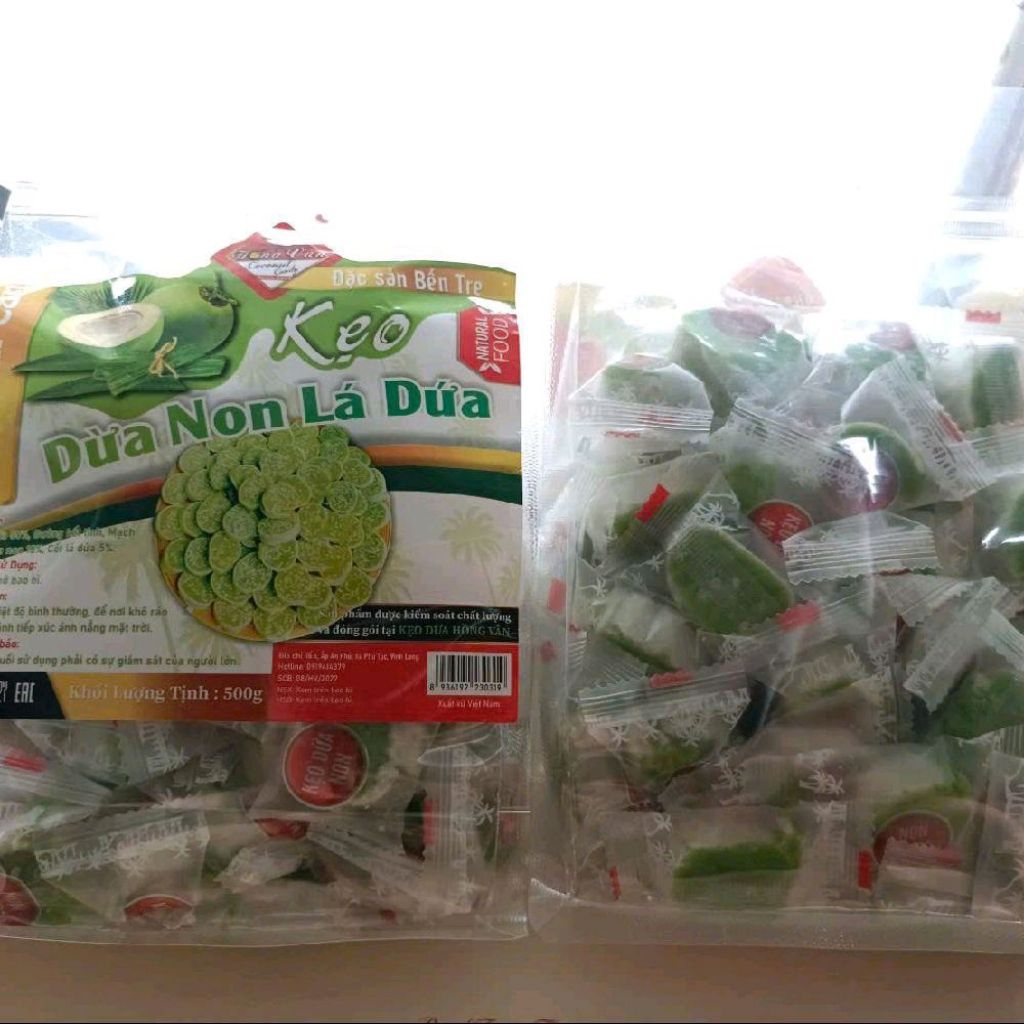 Combo 2 túi kẹo dừa non Hồng Vân ( 1 kẹo dừa non lá dứa 500g & 1 kẹo dừa non sầu riêng 500g ) - đặc sản Bến Tre