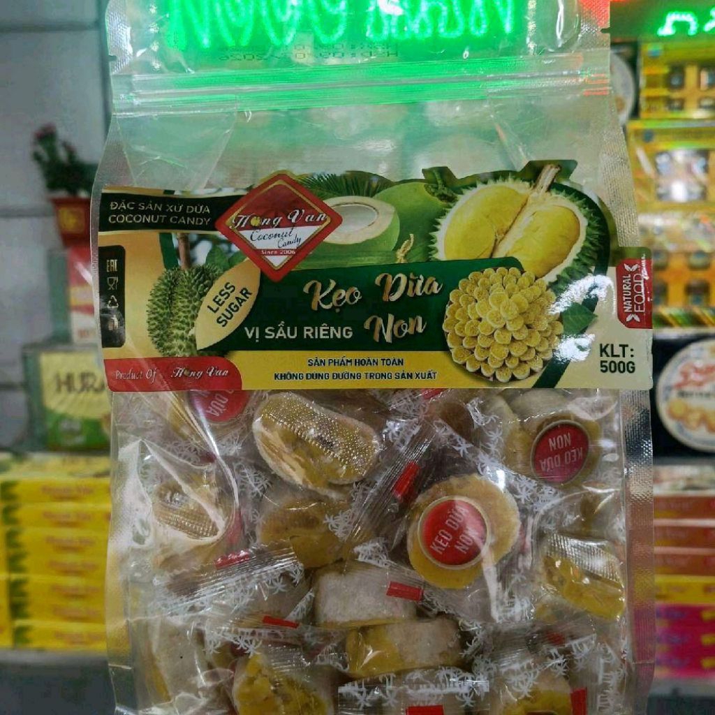 Combo 2 túi kẹo dừa non Hồng Vân ( 1 kẹo dừa non lá dứa 500g & 1 kẹo dừa non sầu riêng 500g ) - đặc sản Bến Tre