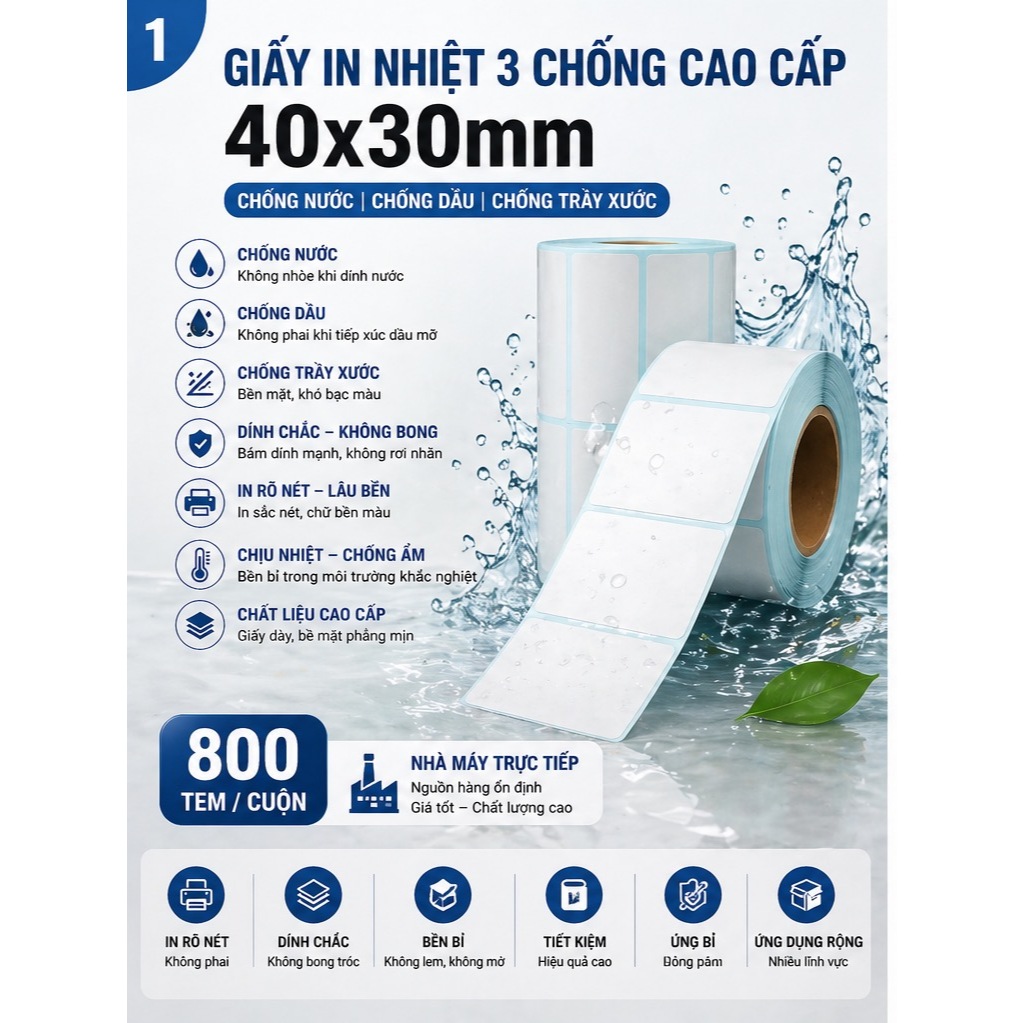 Giấy nhiệt 3 lớp 40x30mm chống nước, chống dầu, chống cồn, chống ma sát, lưu chữ lâu, in rõ nét, không phai màu.