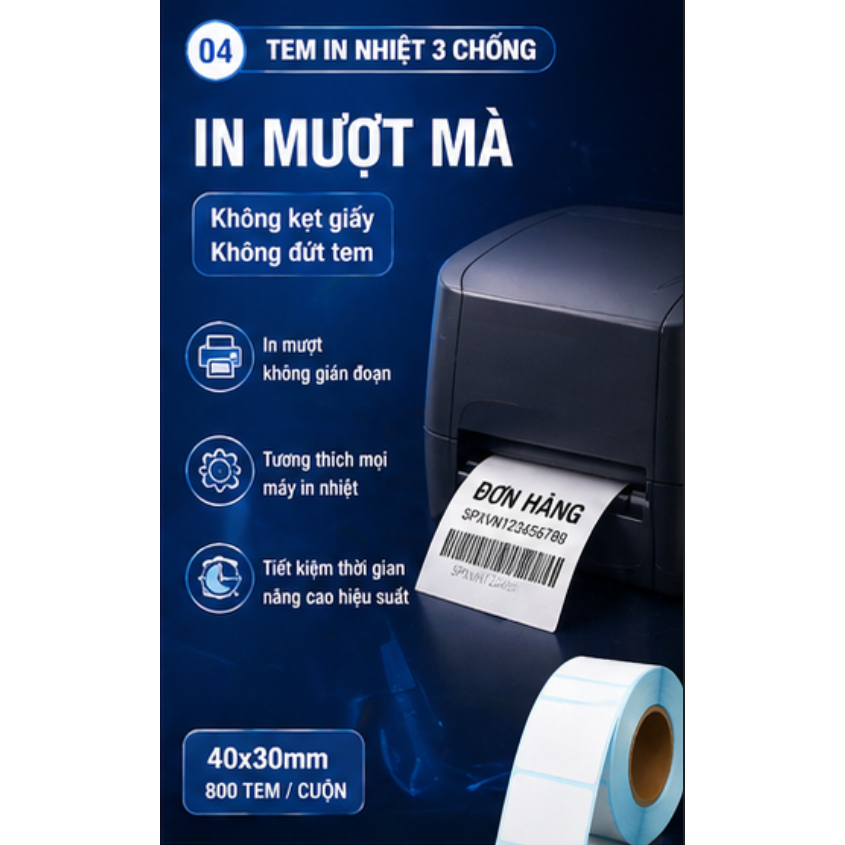 Giấy nhiệt 3 lớp 40x30mm chống nước, chống dầu, chống cồn, chống ma sát, lưu chữ lâu, in rõ nét, không phai màu.
