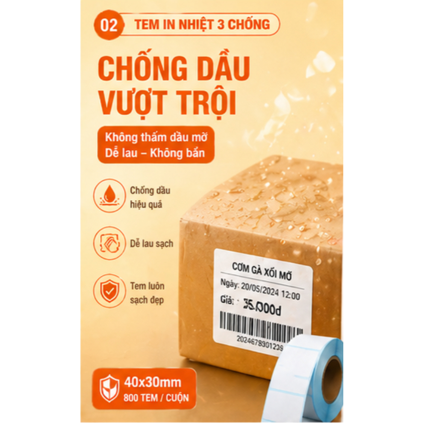 Giấy nhiệt 3 lớp 40x30mm chống nước, chống dầu, chống cồn, chống ma sát, lưu chữ lâu, in rõ nét, không phai màu.