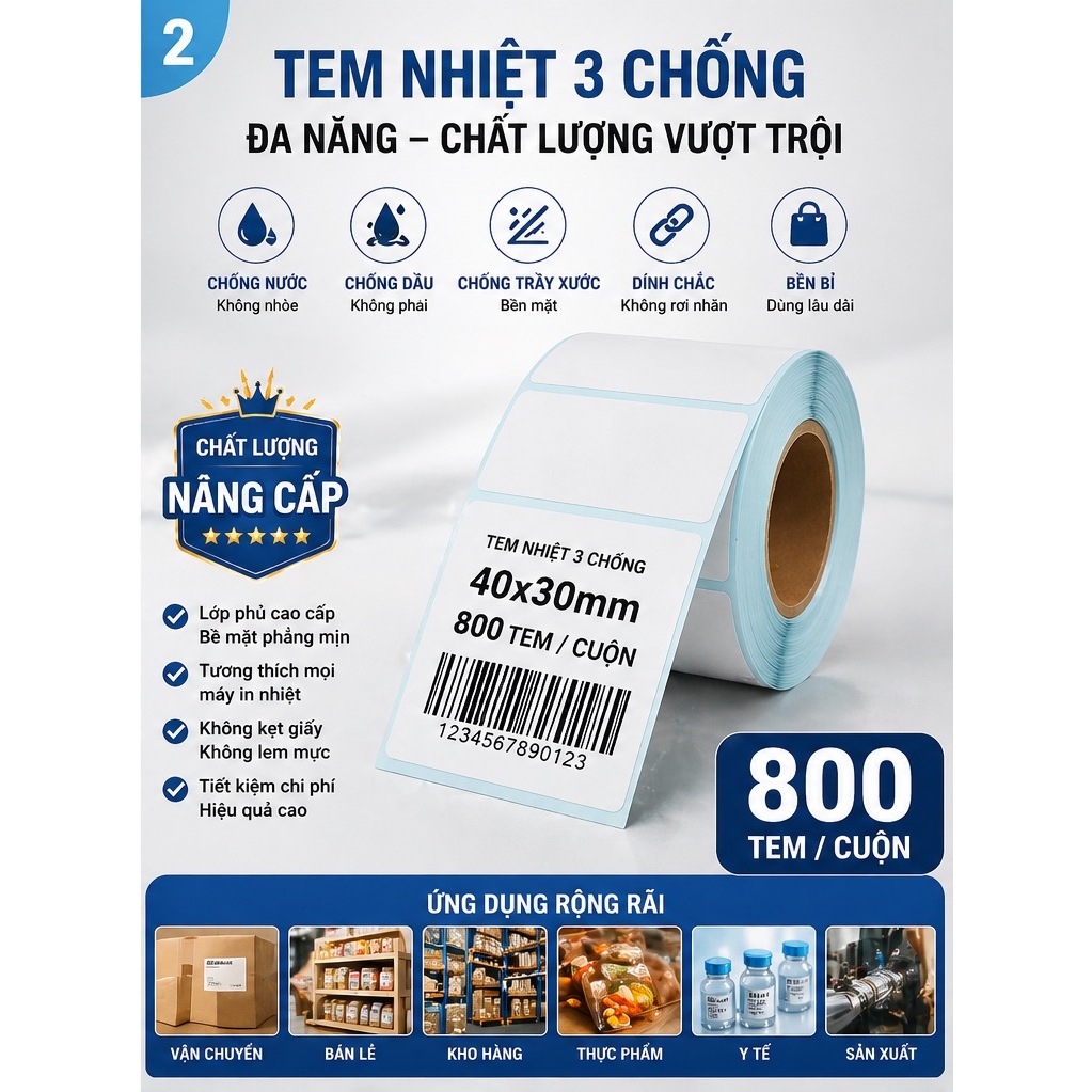 Giấy nhiệt 3 lớp 40x30mm chống nước, chống dầu, chống cồn, chống ma sát, lưu chữ lâu, in rõ nét, không phai màu.