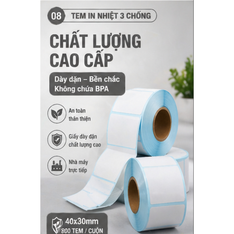 Giấy nhiệt 3 lớp 40x30mm chống nước, chống dầu, chống cồn, chống ma sát, lưu chữ lâu, in rõ nét, không phai màu.