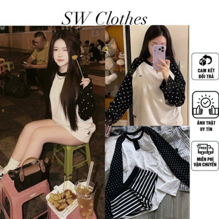 Set 2 món áo xám tay dài chấm bi fom rộng + quâng sọc ngắn cá tính
