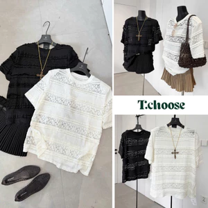 Áo thun pha ren tay ngắn, áo phông rộng 2618 TCHOOSE