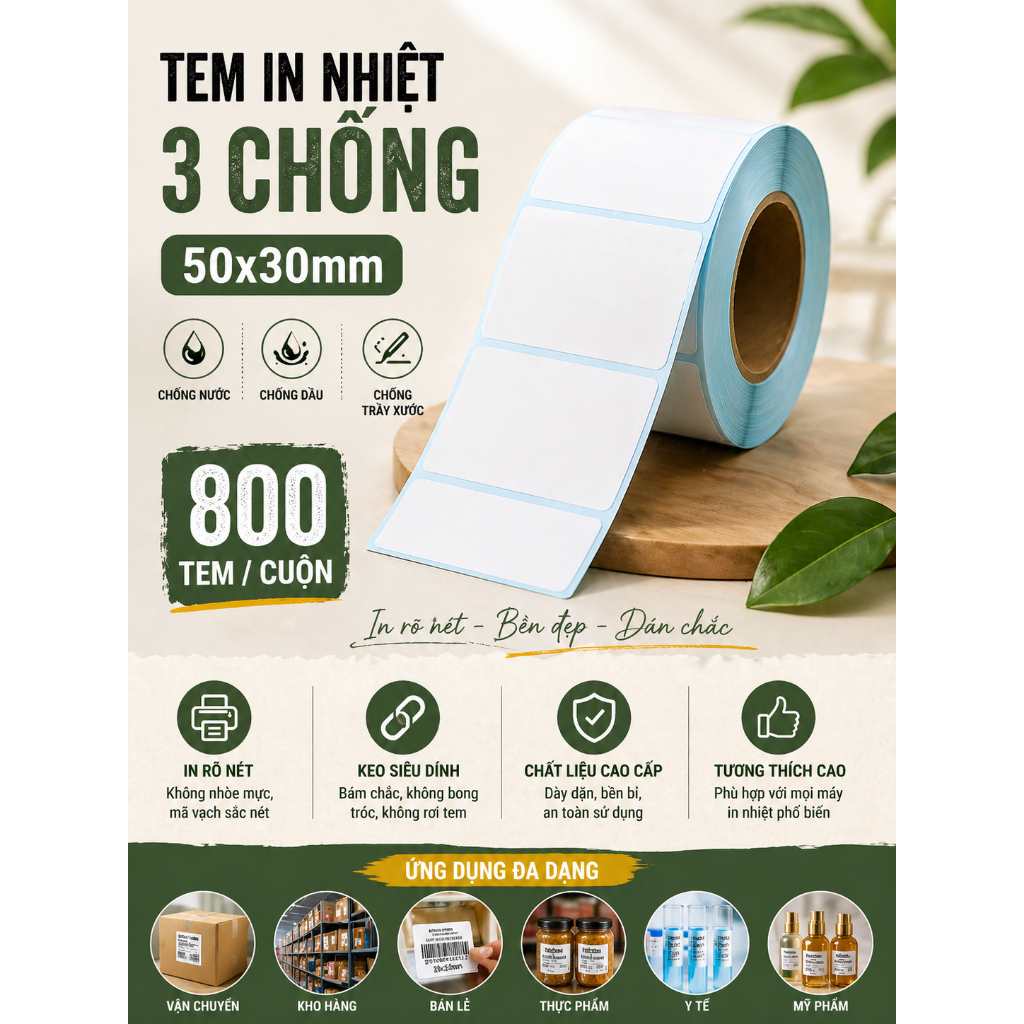 Giấy nhiệt 3 lớp 50x30mm chống nước, chống dầu, chống cồn, chống ma sát, lưu chữ lâu, in rõ nét, không phai màu.