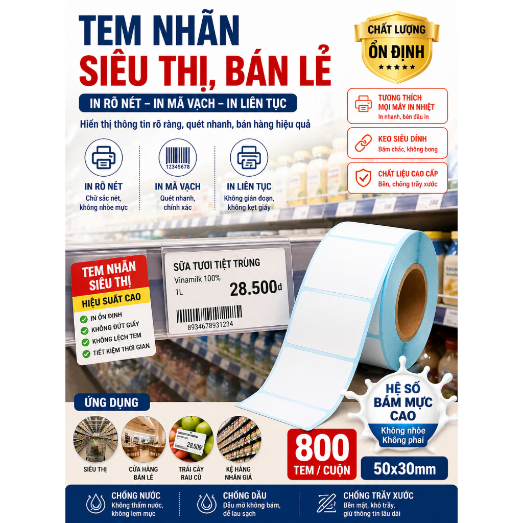 Giấy nhiệt 3 lớp 50x30mm chống nước, chống dầu, chống cồn, chống ma sát, lưu chữ lâu, in rõ nét, không phai màu.