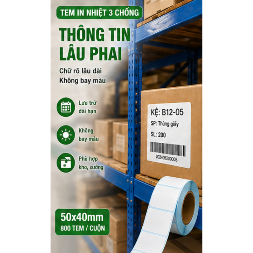 Giấy nhiệt 3 lớp 50x40mm chống nước, chống dầu, chống cồn, chống ma sát, lưu chữ lâu, in rõ nét, không phai màu.