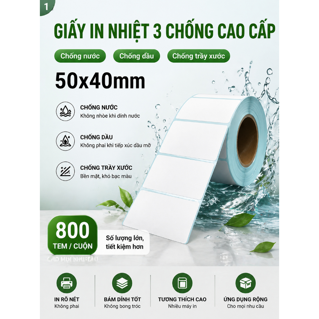 Giấy nhiệt 3 lớp 50x40mm chống nước, chống dầu, chống cồn, chống ma sát, lưu chữ lâu, in rõ nét, không phai màu.