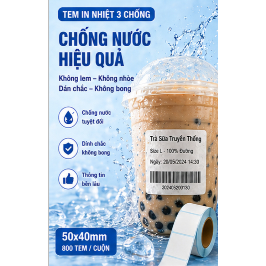Giấy nhiệt 3 lớp 50x40mm chống nước, chống dầu, chống cồn, chống ma sát, lưu chữ lâu, in rõ nét, không phai màu.