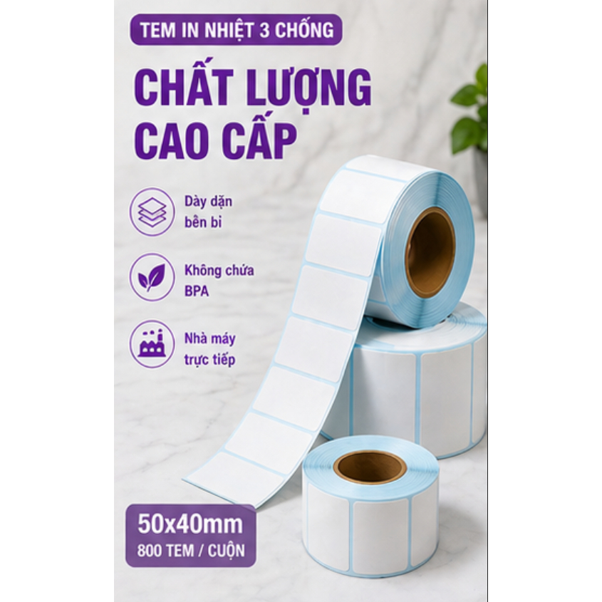 Giấy nhiệt 3 lớp 50x40mm chống nước, chống dầu, chống cồn, chống ma sát, lưu chữ lâu, in rõ nét, không phai màu.