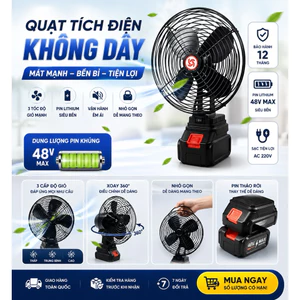 Quạt Tích Điện Không Dây 48V MAX Mini Cầm Tay Để Bàn Gió Mạnh 3 Tốc Độ Pin Sạc Tháo Rời Cao Cấp