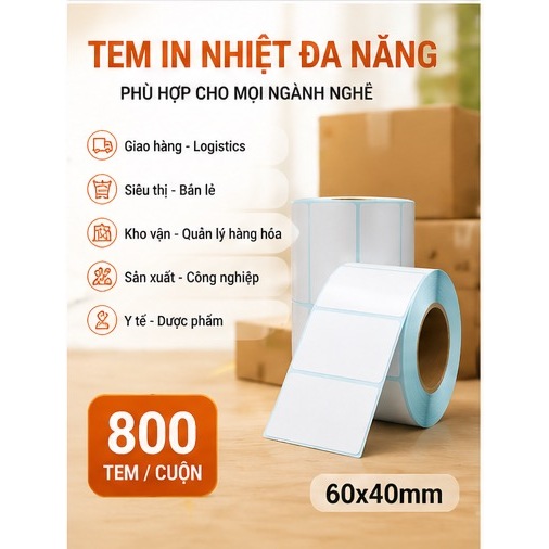 Giấy nhiệt 3 lớp 60x40mm chống nước, chống dầu, chống cồn, chống ma sát, lưu chữ lâu, in rõ nét, không phai màu.