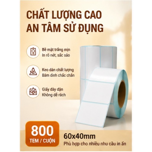 Giấy nhiệt 3 lớp 60x40mm chống nước, chống dầu, chống cồn, chống ma sát, lưu chữ lâu, in rõ nét, không phai màu.