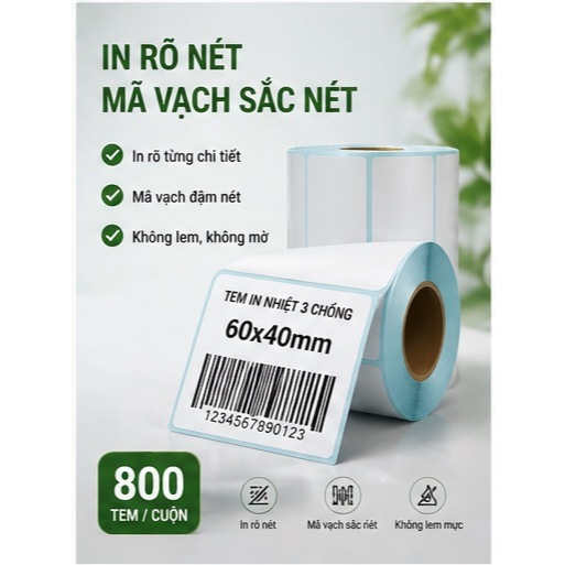 Giấy nhiệt 3 lớp 60x40mm chống nước, chống dầu, chống cồn, chống ma sát, lưu chữ lâu, in rõ nét, không phai màu.
