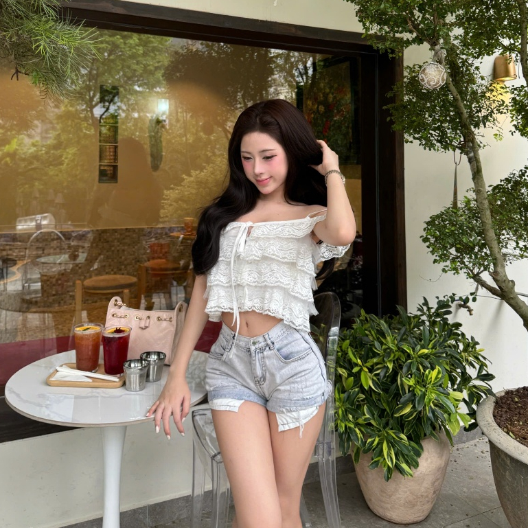 HTIQUE - DEAL mở bán Áo Ren Trễ Vai 2 Dây Nữ Dáng Bèo Tầng phối ren, Áo kiểu nữ Croptop Nàng Thơ Mỏng Nhẹ AQ05