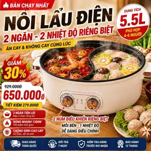 Nồi Lẩu Điện 5.5L 2 Ngăn Điều Khiển Riêng | 2 Nhiệt Độ | Nấu Lẩu Gia Đình 4-6 Người