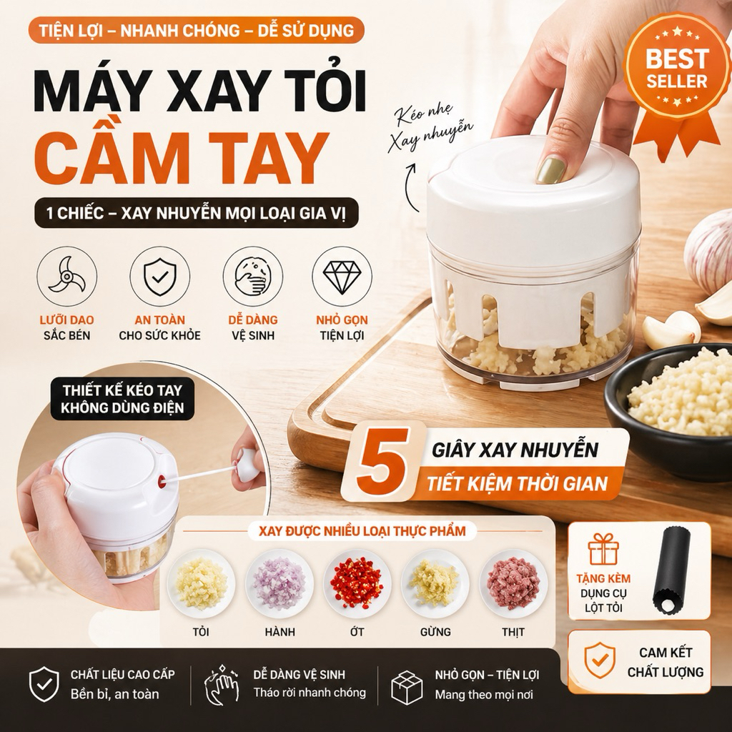 Máy Xay Tỏi Cầm Tay Mini Dụng Cụ Băm Tỏi Kéo Tay Đa Năng Xay Ớt Hành Thịt Rau Củ Nhà Bếp