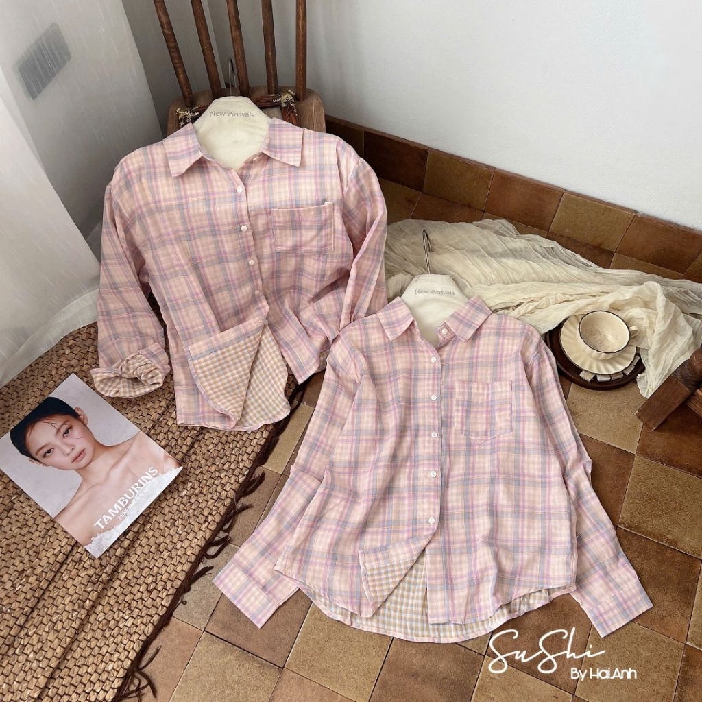 [𝑯𝒂 𝑨𝒏𝒉] Áo Sơ Mi Kẻ Karo Hồng Siêu Xinh QCL1
