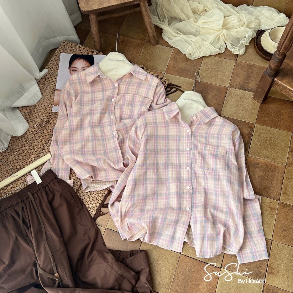 [𝑯𝒂 𝑨𝒏𝒉] Áo Sơ Mi Kẻ Karo Hồng Siêu Xinh QCL1