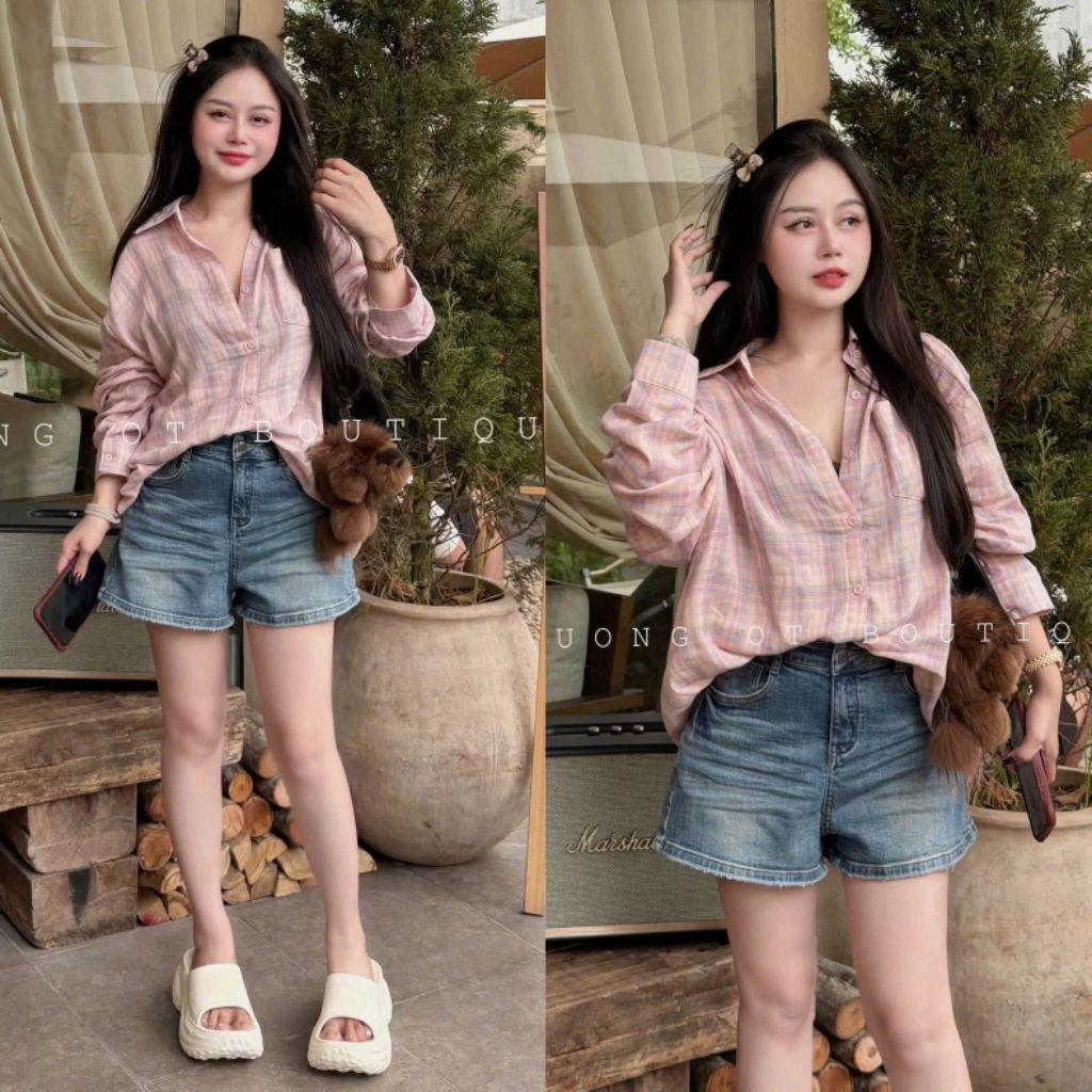 [𝑯𝒂 𝑨𝒏𝒉] Áo Sơ Mi Kẻ Karo Hồng Siêu Xinh QCL1