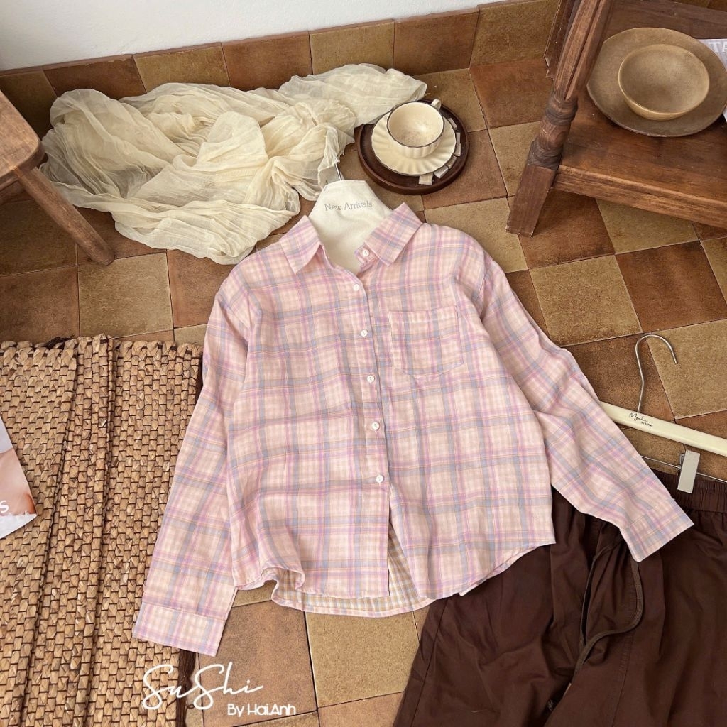 [𝑯𝒂 𝑨𝒏𝒉] Áo Sơ Mi Kẻ Karo Hồng Siêu Xinh QCL1