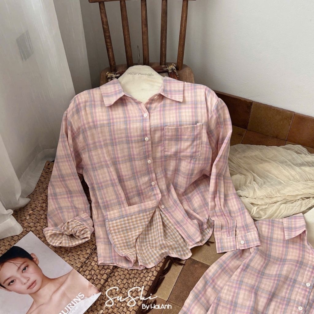 [𝑯𝒂 𝑨𝒏𝒉] Áo Sơ Mi Kẻ Karo Hồng Siêu Xinh QCL1