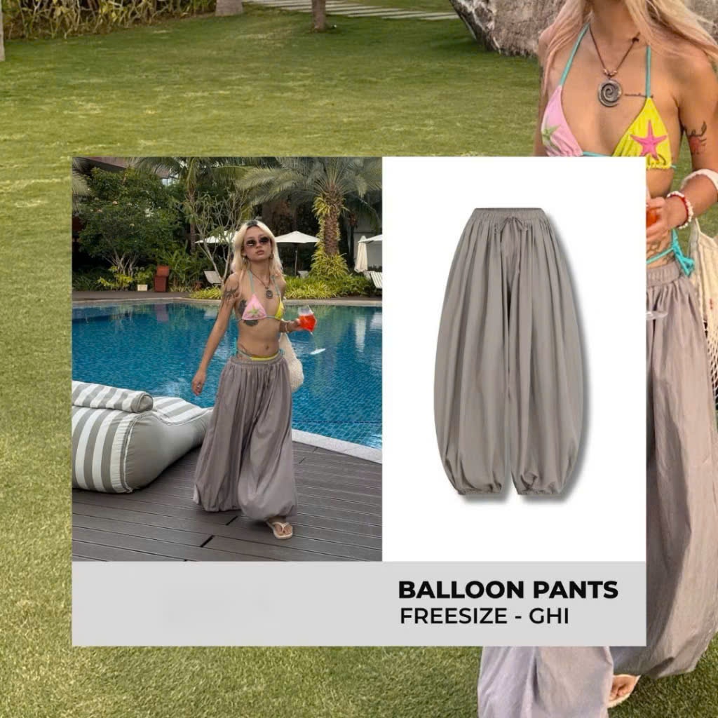 Quần Balloon Pants Nữ Ống Bom Rộng Cạp Chun Bo Gấu Vải Gió Mềm Nhẹ Thoáng Mát Trendy Đồ Đôi Đi Biển Joolate